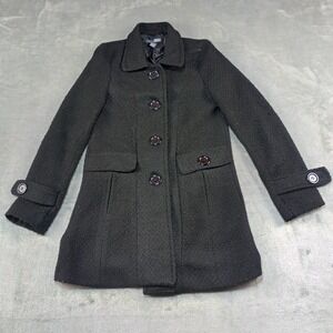 Poetry Pea Coat Womens‎ Sz M Black Textured Mid Length Buttons Pockets Classic
